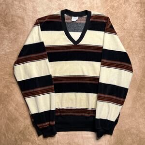 Vintage 70s JCPenney Striped Velour Sweater V Neck Long Sleeve Pullover Retro
